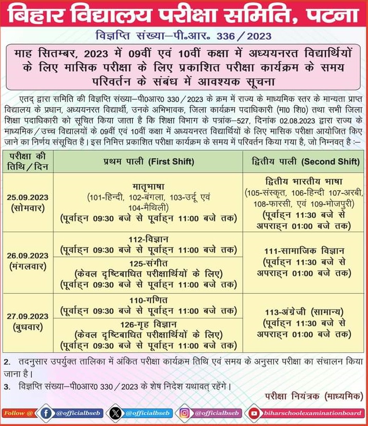 Monthly Class Th Bihar Board Matric Exam Date Sheet