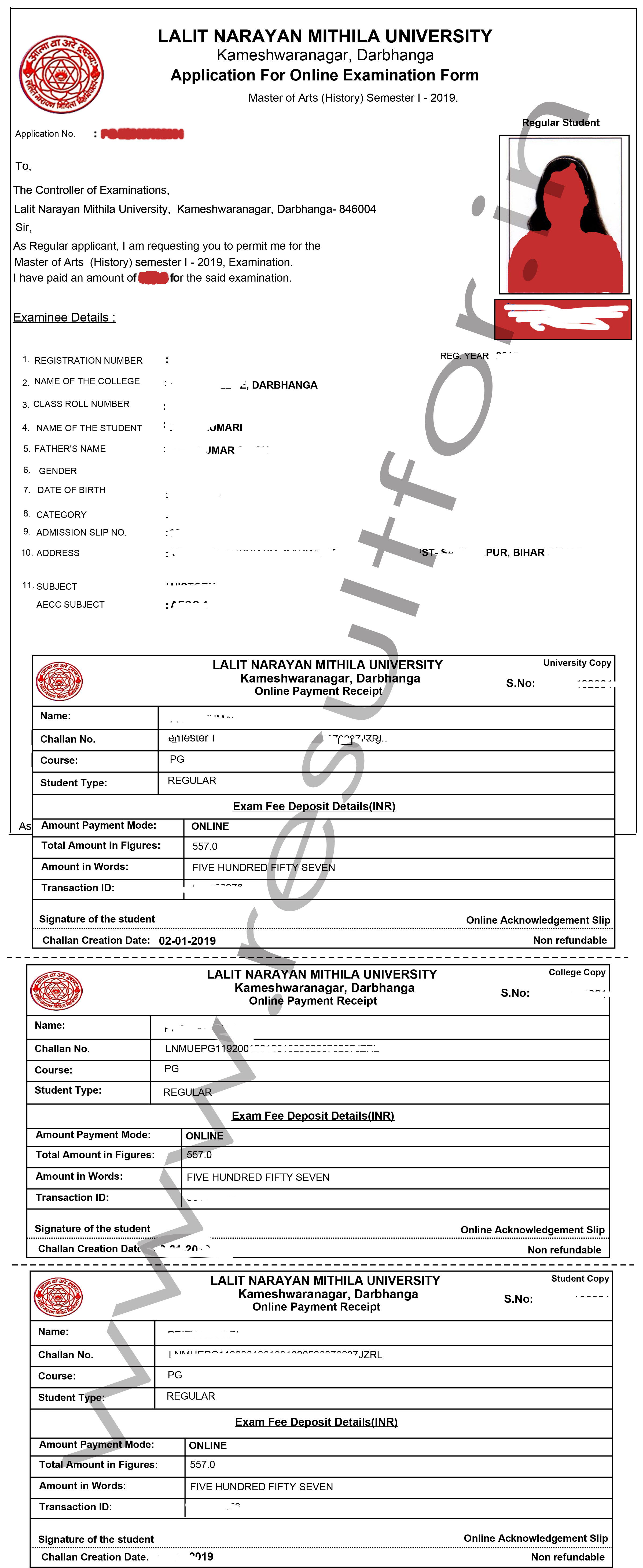 LNMU PG SEm 1 2019 Exam Form apply 