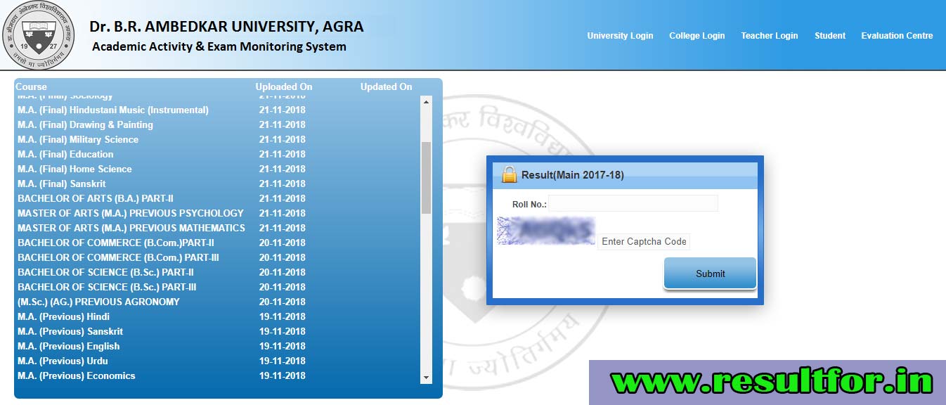 Agra University BA B B.Sc Result of 1st 2nd 3rd Year 2018