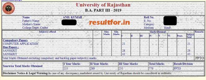 Rajasthan University UG Part 3 Result 2019 | Resultfor.in