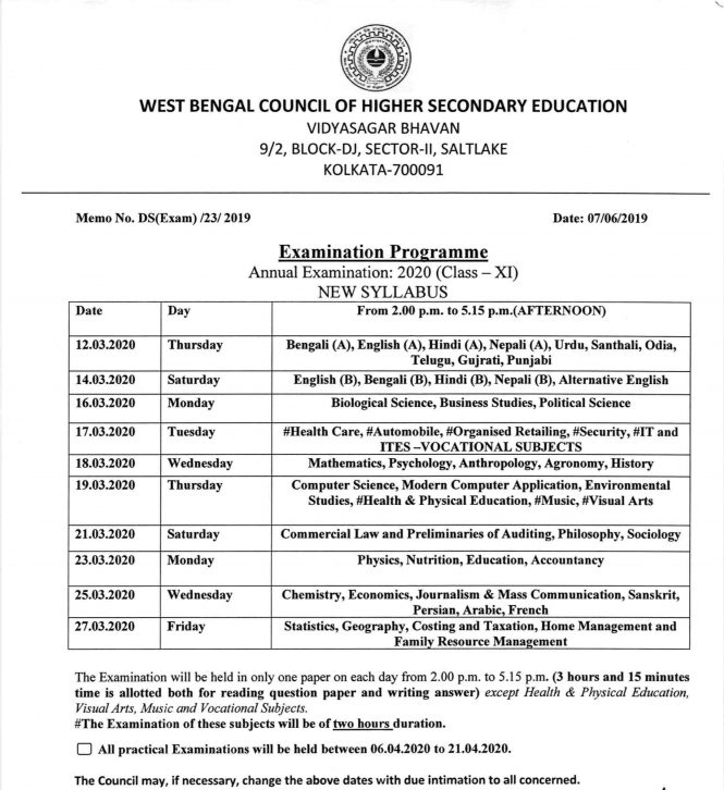 11th class 2020 West Bengal Board Exam Routine Download pdf | resultfor.in