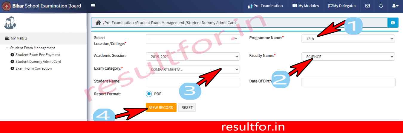 Bihar Board dummy inter admit card download select options 