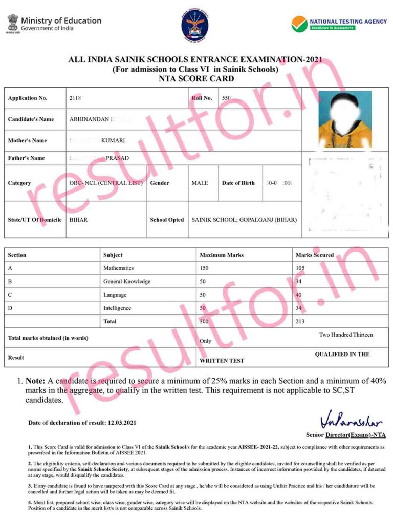 Sainik School Admission Test Result 2024 Out Live Now