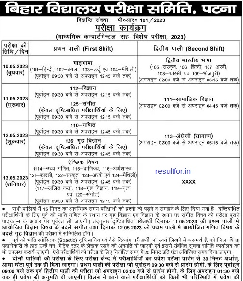 Bihar Board 10th Compartmental Exam Date Sheet 2023 [ Out ]