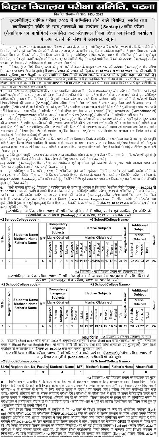 Bihar Board inter Sent up Exam Date Sheet 2023 Routine Official Notification 